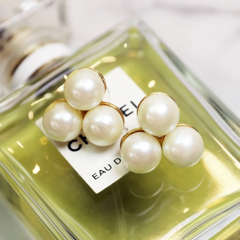 Pearl Earrings ~ Elegant Pierced Vintage Triple 8mm Cream Pearls in Gold Setting